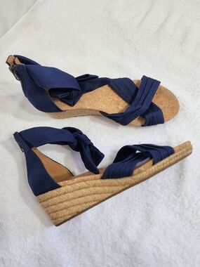 UGG Dark Blue Wedge Sandals Cork Footbed Ankle-Tie Espadrille Style